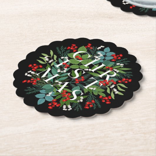 CHRISTMAS Berries Greenery Holiday Black Untersetzer (angewinkelt)