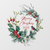 Christmas Berries Wreath Bullfinch, text Fensteraufkleber (Blatt)