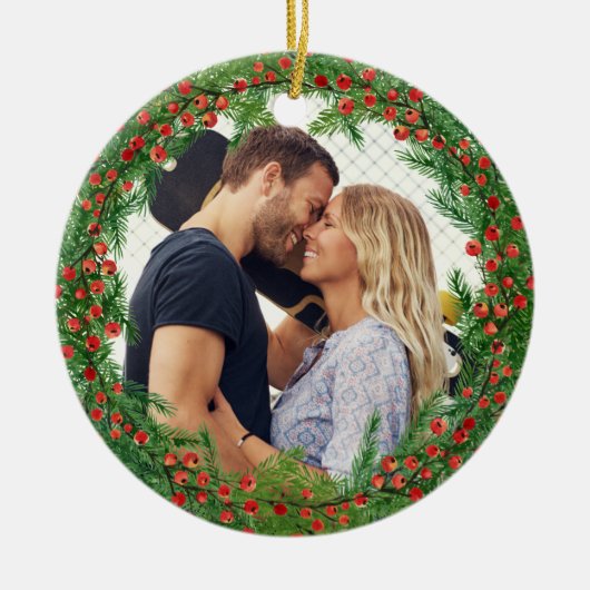 Christmas Berries Wreath Custom Foto Keramik Ornament (Vorne)