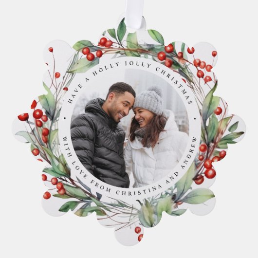 Christmas Berries Wreath Foto Square Ornament Karte (Vorderseite)