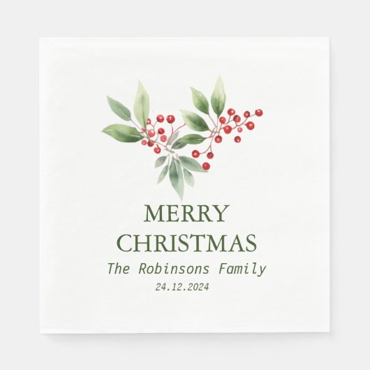 Christmas Berry Branch Watercolor Serviette (Vorderseite)