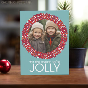 Christmas Berry Wreath - 1 Foto Blue Red Feiertagspostkarte