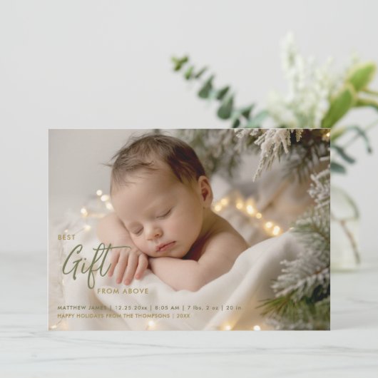 Christmas Best Gift Calligraphy Green Baby Foto Ankündigung (Stehend Vorderseite)