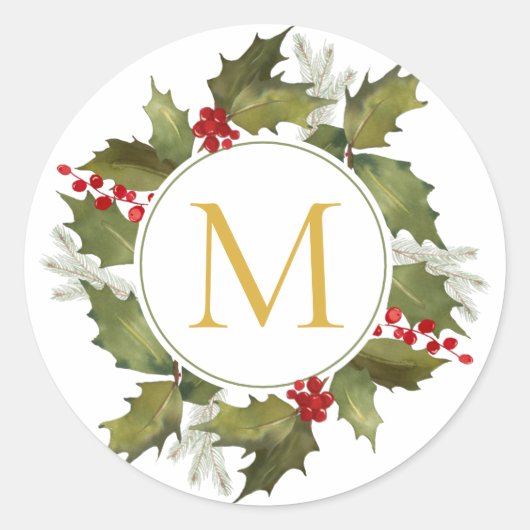 Christmas Big Monogram Vintag Holly Wreath Runder Aufkleber (Vorderseite)