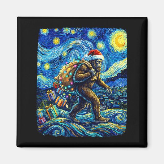 Christmas Bigfoot Santa Hat Van Gogh Starry Night  Magnet (Vorne)
