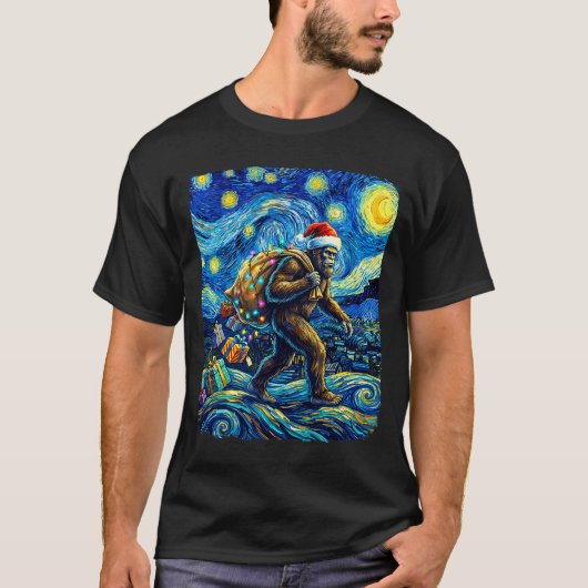 Christmas Bigfoot Santa Hat Van Gogh Starry Night T-Shirt (Vorderseite)