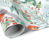 Christmas Bird Green Blätter Rote Blume Wasserfarb Geschenkpapier (Rolleneckpunkt)