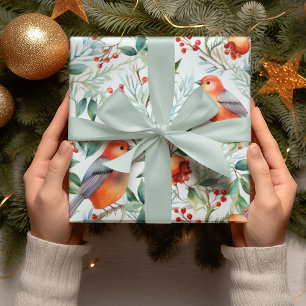 Christmas Bird Green Blätter Rote Blume Wasserfarb Geschenkpapier