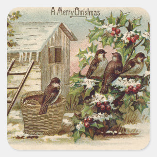 Christmas Bird Holly Snow Ladder Harvest Quadratischer Aufkleber
