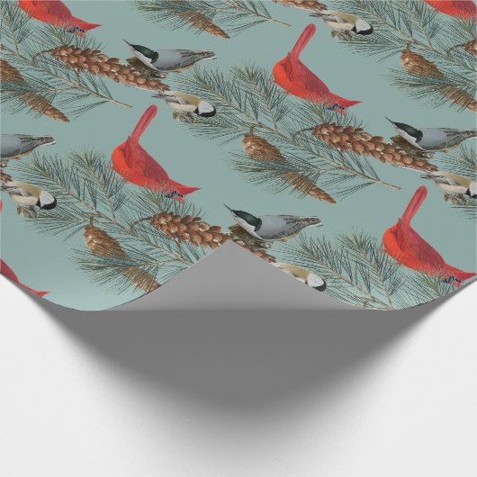 Christmas Bird Kardinal Nuthatch Chickadee Aquamar Geschenkpapier (Ecke)