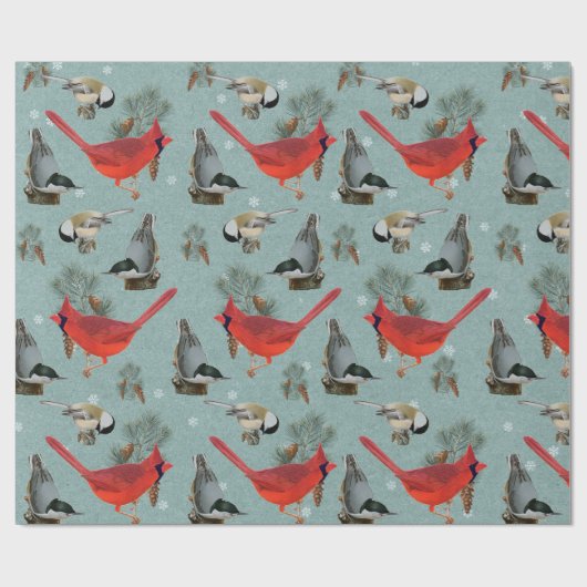 Christmas Bird Kardinal Nuthatch Chickadee Aquamar Geschenkpapier (Flach)