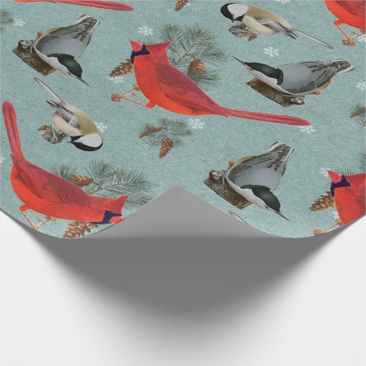 Christmas Bird Kardinal Nuthatch Chickadee Aquamar Geschenkpapier (Ecke)
