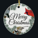 Christmas Bird Kardinal Nuthatch Chickadee Pine Keramik Ornament<br><div class="desc">Vintage Vogeldarstellungen von Kardinal,  Nackt und Hühner mit immergrünen Zweigen. Ideal für die Winterferien. Personalisieren Sie die Vorder- und Rückseite mit Ihrer eigenen Nachricht.</div>