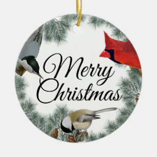 Christmas Bird Kardinal Nuthatch Chickadee Pine Keramik Ornament