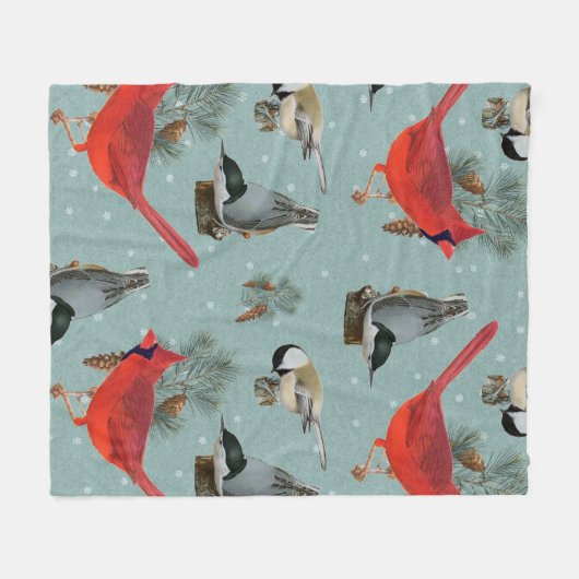 Christmas Bird Kardinal Nuthatch Chickadee Snow Fleecedecke (Vorderseite (Horizontal))