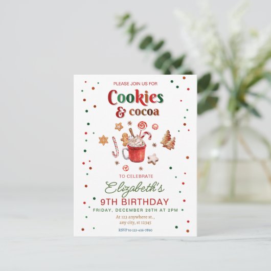 Christmas birthday cookies and cocoa Festive Postkarte (Stehend Vorderseite)