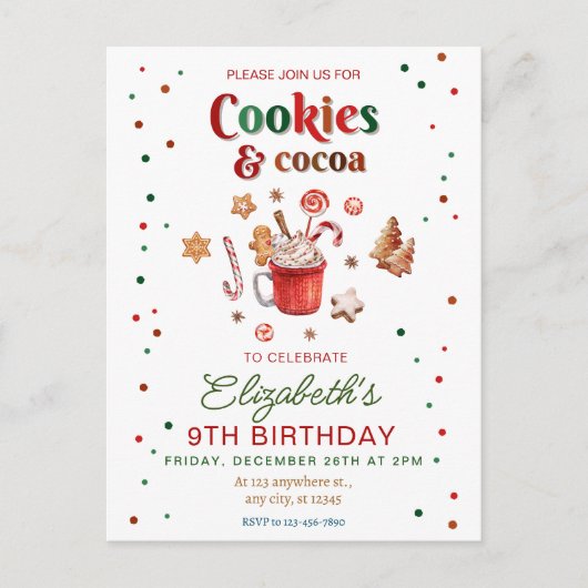 Christmas birthday cookies and cocoa Festive Postkarte (Vorderseite)