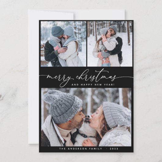 Christmas Black 3 Collage Multi Foto Urlaubskarte Einladung (Vorderseite)