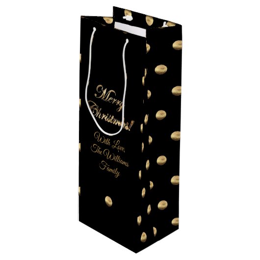 Christmas Black and Gold Polka Dots Muster Geschenktüte Für Weinflaschen (Vorderseite Schrägansicht)