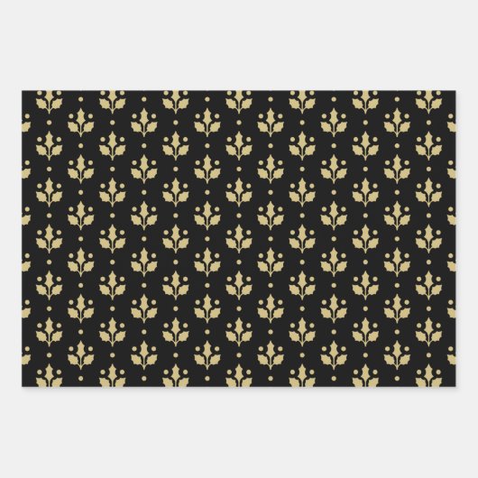 Christmas Black And Gold Snowflake Holly Pattern Geschenkpapier Set (Vorderseite 2)