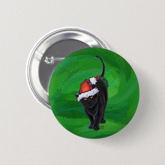 Christmas Black Cat auf Green Button (Vorne & Hinten)