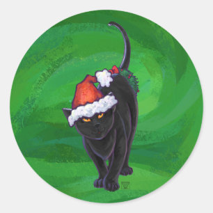 Christmas Black Cat auf Green Runder Aufkleber