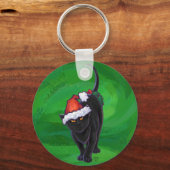 Christmas Black Cat auf Green Schlüsselanhänger (Vorderseite)