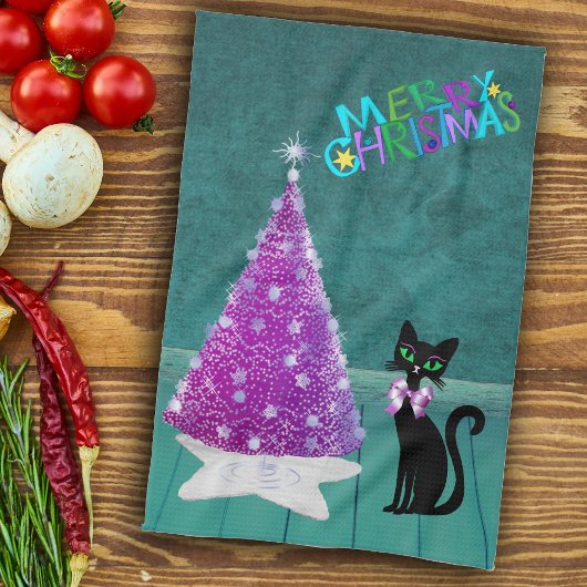 Christmas Black Cat Pink Silver Tree Teal Room Geschirrtuch