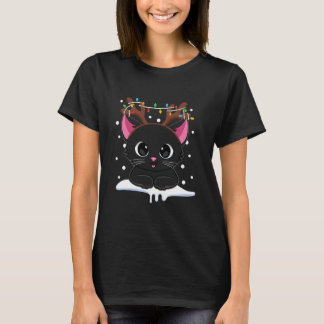 Christmas Black Cat Rentier Antlers T-Shirt