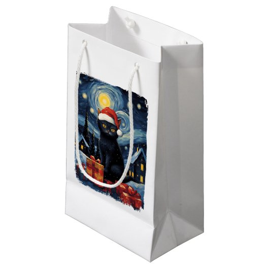 Christmas Black Cat Starry Night Van Gogh Retro Ca Kleine Geschenktüte (Vorderseite Schrägansicht)