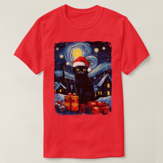 Christmas Black Cat Starry Night Van Gogh Retro Ca T-Shirt (Design vorne)