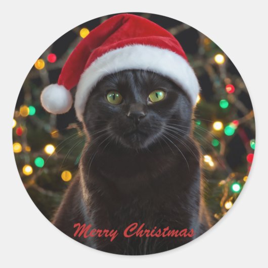 Christmas Black Cat - Weihnachtsmannmütze Personal Runder Aufkleber (Vorderseite)