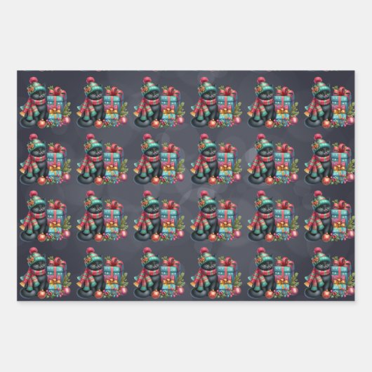 Christmas Black Kittens auf Soft Black Geschenkpapier Set (Vorderseite 2)