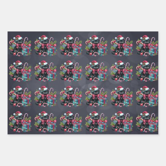 Christmas Black Kittens auf Soft Black Geschenkpapier Set (Vorderseite)