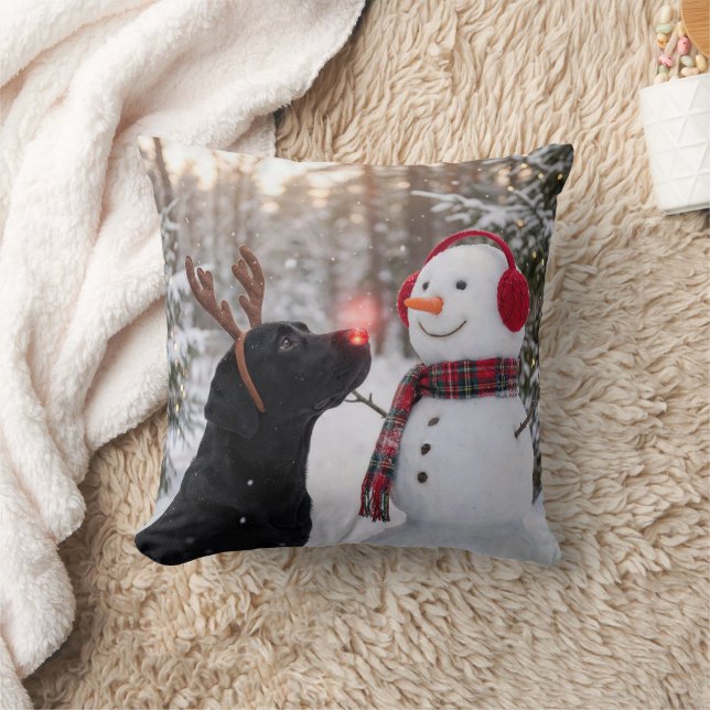 Christmas Black Labrador Retriever with Snowman Kissen (Decke)