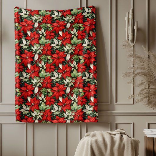 Christmas Blanket Red Poinsettia Festive Accent Fleecedecke