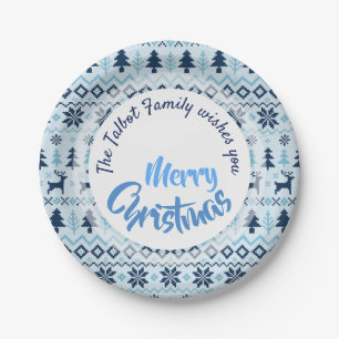CHRISTMAS Blaues Hirschmuster personalisiert P-Pla Pappteller