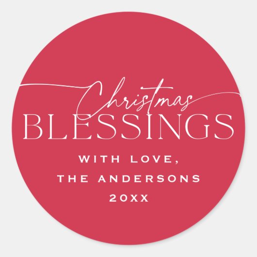 Christmas Blessings Elegant Typography Red Holiday Runder Aufkleber (Vorderseite)