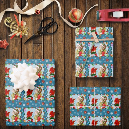 Christmas Blonde Elf Red Dragon Fantasy Geschenkpapier Set