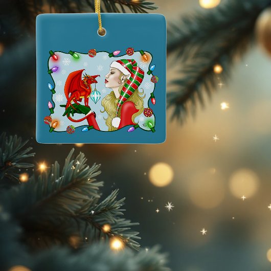 Christmas Blonde Elf Red Dragon Fantasy Keramikornament