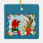 Christmas Blonde Elf Red Dragon Fantasy Keramikornament (Vorderseite)