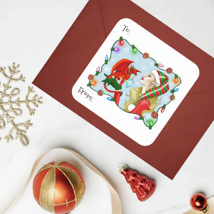 Christmas Blonde Elf Red Dragon Fantasy Quadratischer Aufkleber