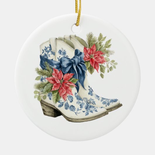 Christmas Blue Chinoiserie Cowgirl Boots Keramik Ornament (Vorne)
