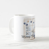 Christmas Blue Cream Ornaments Flowers Tree Window Kaffeetasse (Vorderseite Links)