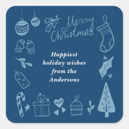 Christmas Blue Cute Festive Hand Drawn Doodles Quadratischer Aufkleber