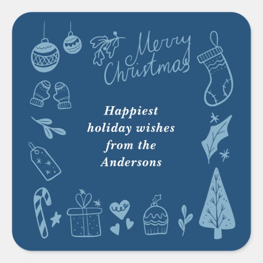 Christmas Blue Cute Festive Hand Drawn Doodles Quadratischer Aufkleber (Vorderseite)