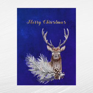 Christmas Blue Deer Pine Branch Cones Wassercolor Feiertagspostkarte