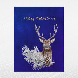 Christmas Blue Deer Pine Branch Cones Wassercolor Feiertagspostkarte