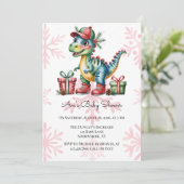 Christmas Blue Dino and Presents Boy Baby Shower Einladung (Stehend Vorderseite)
