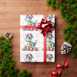 Christmas Blue Dino and Presents Boy Baby Shower Geschenkpapier
